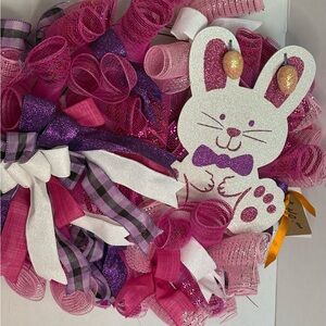 Pink Bunny Decorative Kids Wreath - Playful Easter Toy Accent 22 inches round